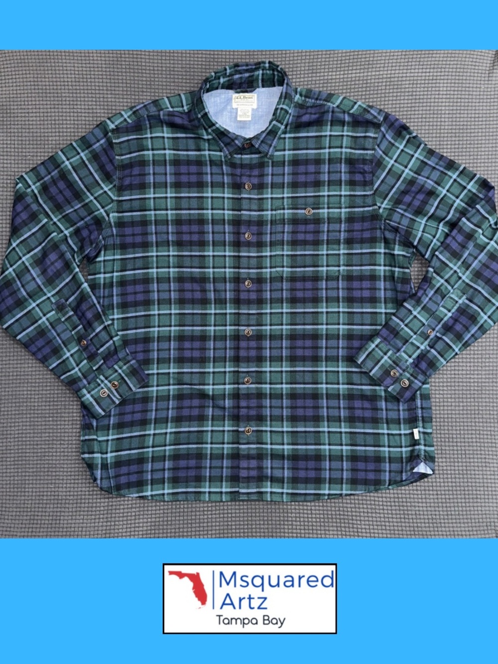 LL Bean Traditional Fit Plaid Flannel Shirt Green Blue Large Button Up